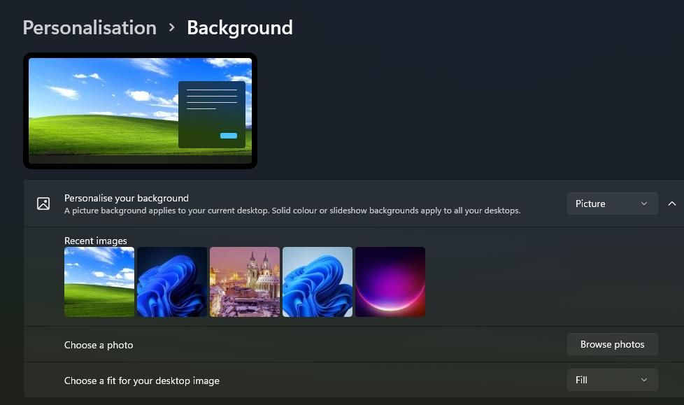 Параметры фона в настройках Персонализации Windows