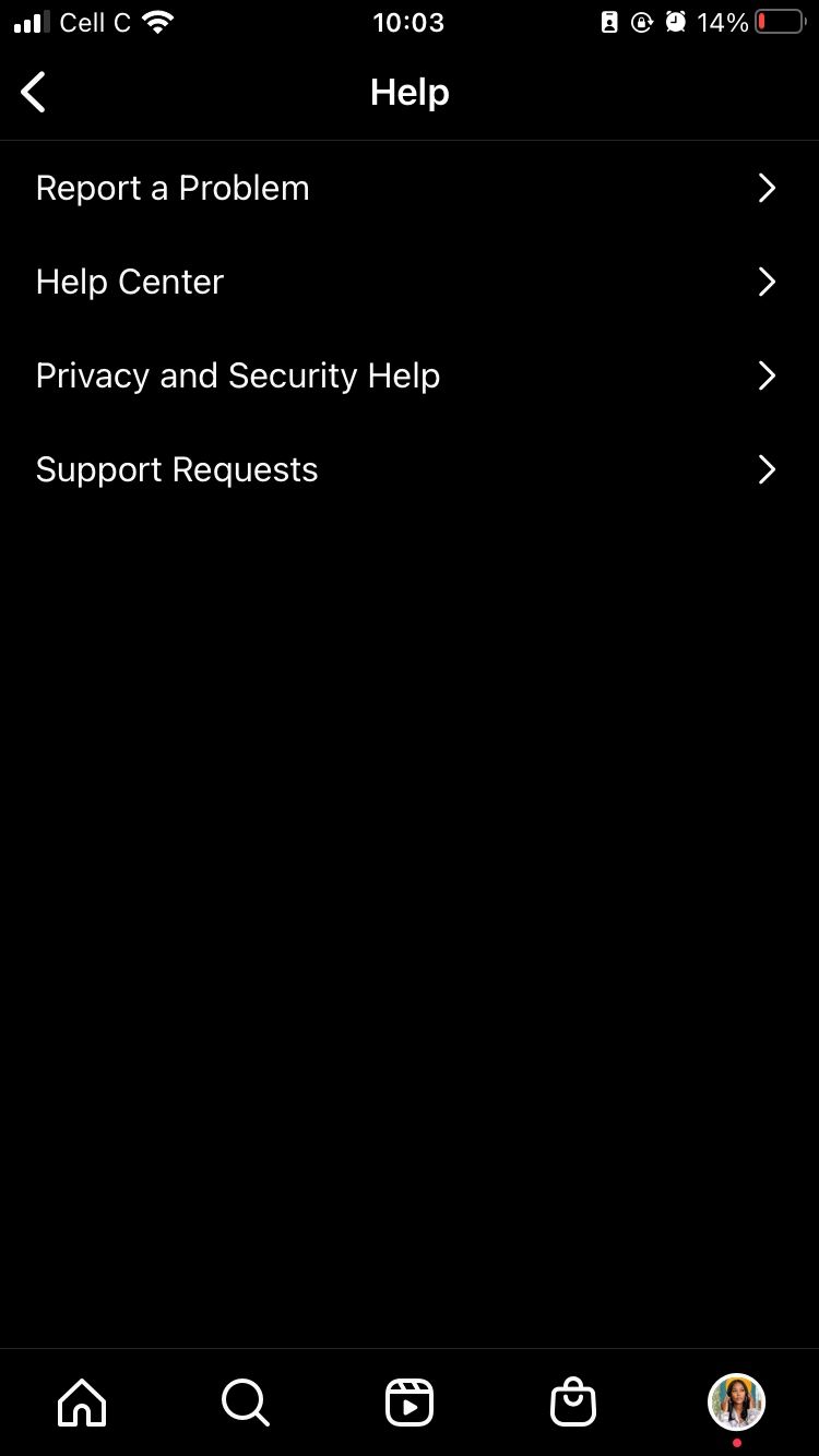 скриншот меню «Справка» в Instagram