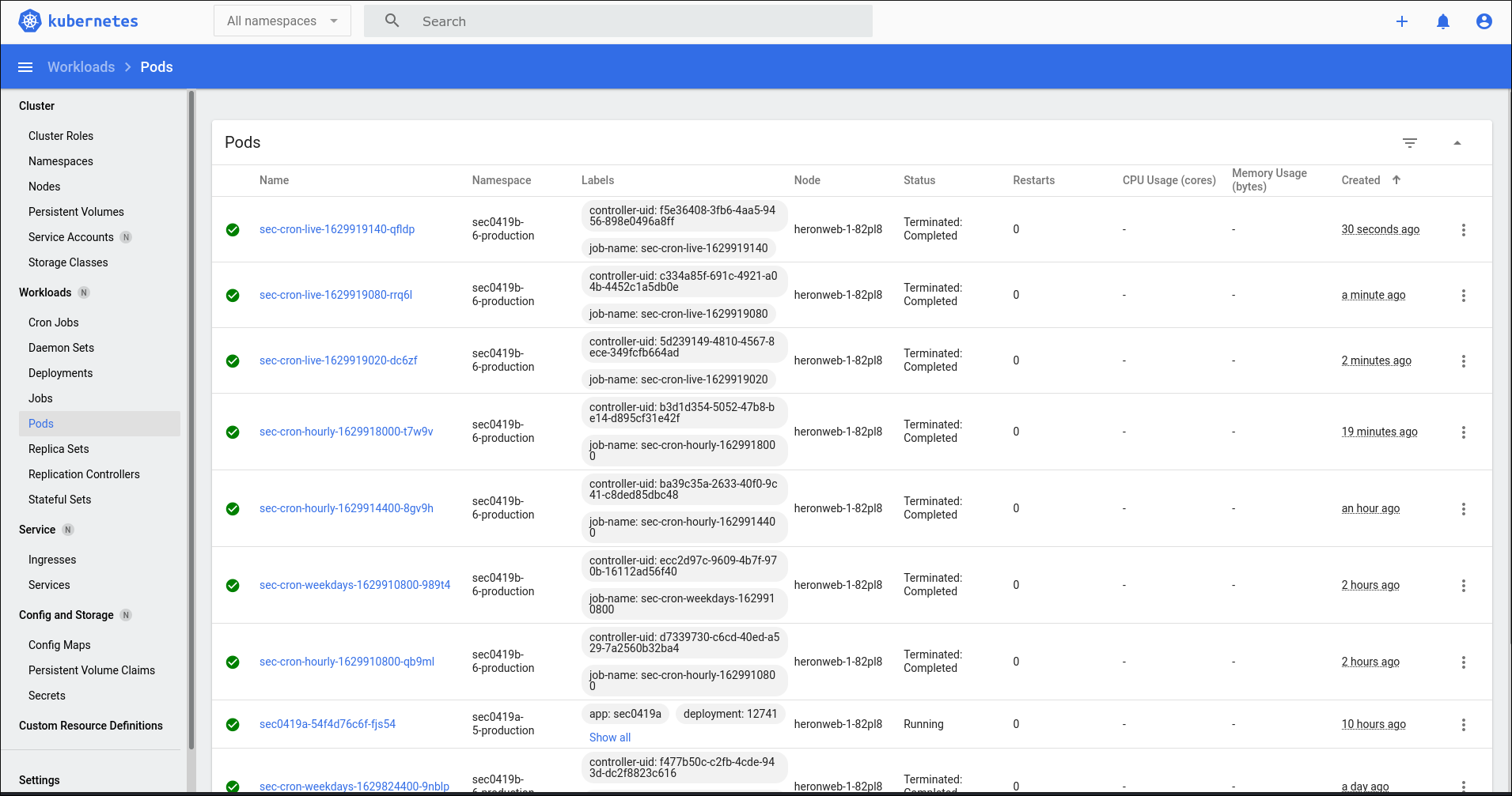 Таблица Pod в Kubernetes Dashboard с перечнем и статусами