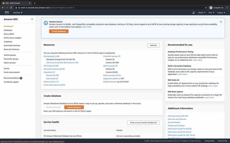 Панель RDS — раздел Databases