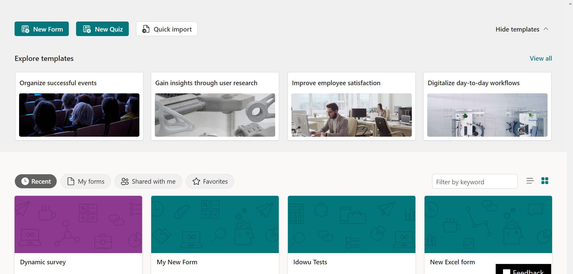 Панель шаблонов Microsoft Forms