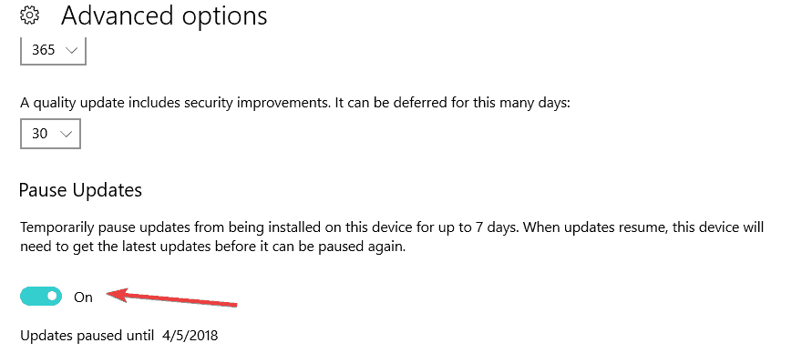 Окно параметров с переключателем приостановки обновлений