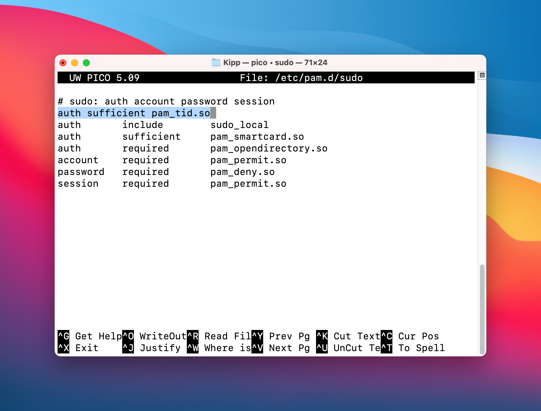 Редактирование файла sudo в nano с добавленной строкой для pam_tid.so.