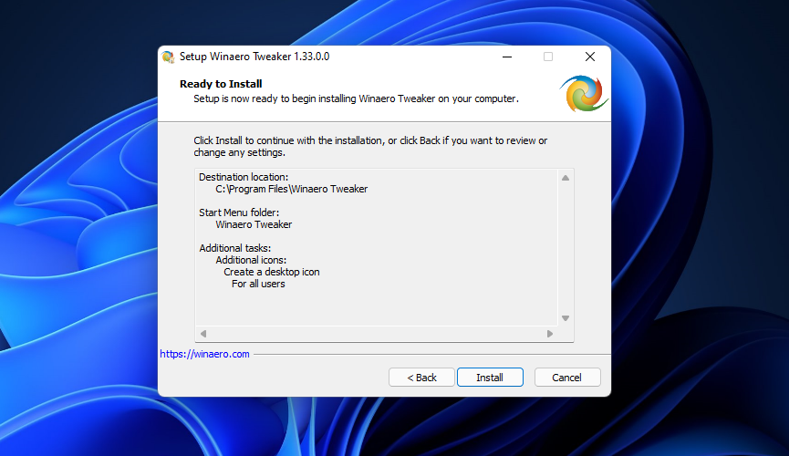 Инсталлятор Winaero Tweaker — кнопка Install