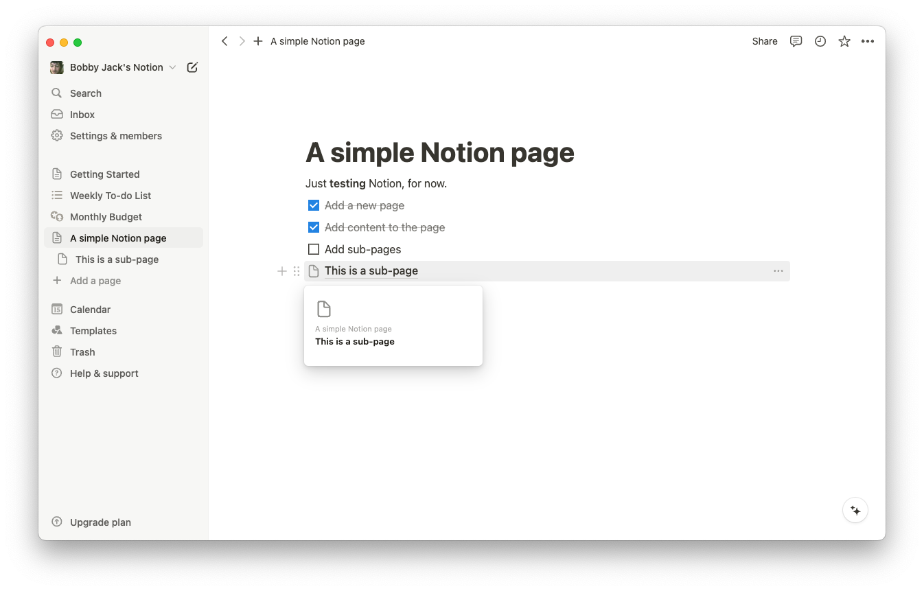 Страница Notion с ссылкой на подпагу