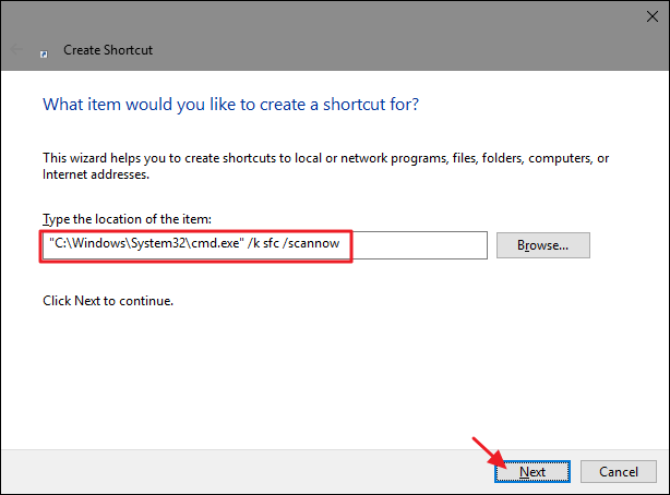 Окно ввода команды в мастере создания ярлыка
