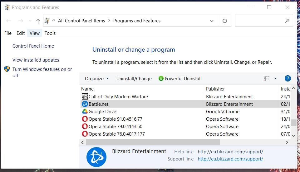 Апплет «Программы и компоненты» в Панели управления Windows