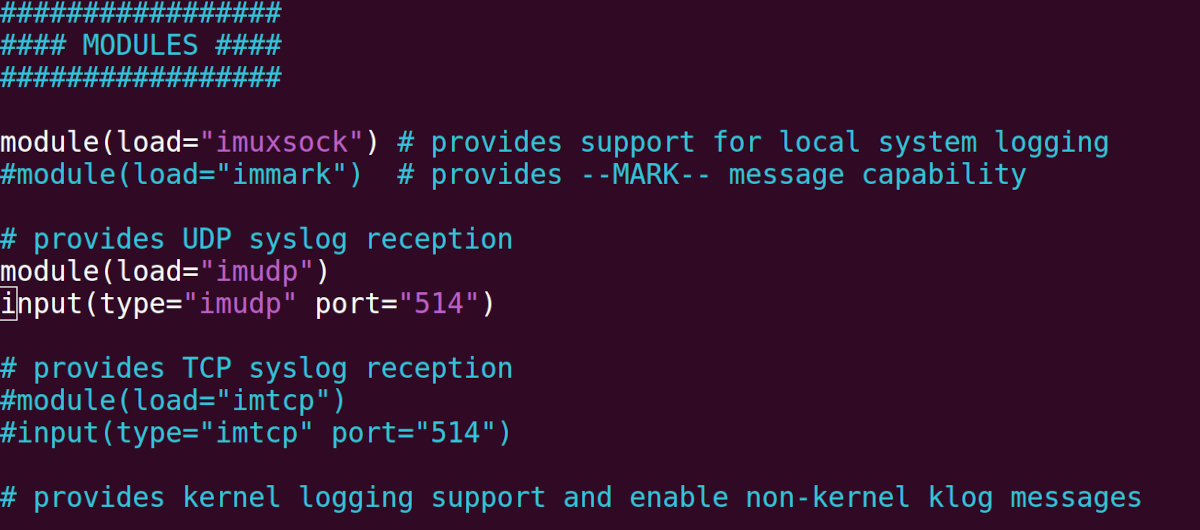 Фрагмент конфигурации rsyslog, включён модуль UDP
