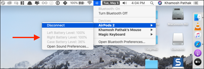 Проверка заряда AirPods на Mac через меню Bluetooth