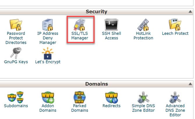 Панель SSL/TLS в cPanel