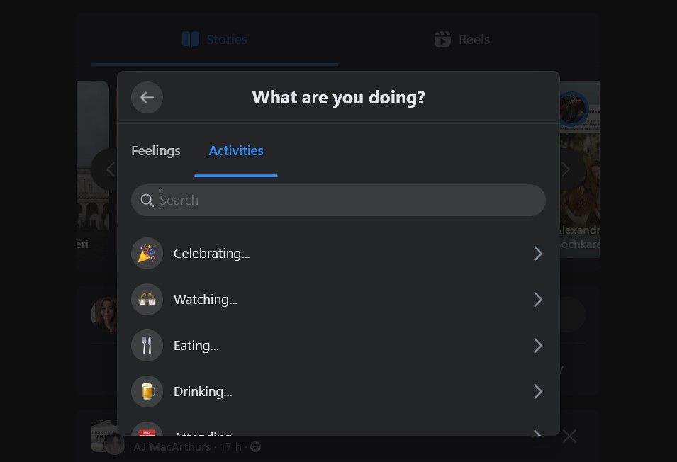 Иконки активности для публикации Facebook