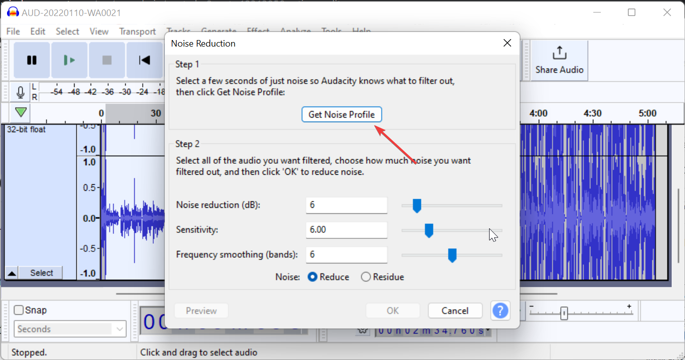 Получение профиля шума в Audacity