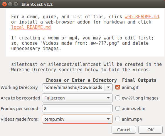 Выбор папки для записи Silentcast
