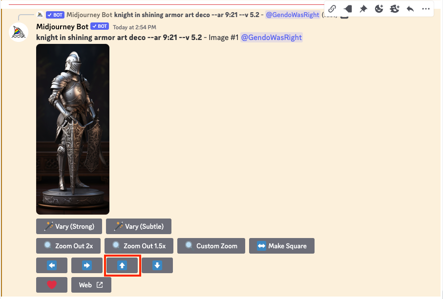 Выбор кнопки пан-вверх в увеличенном изображении MidJourney.