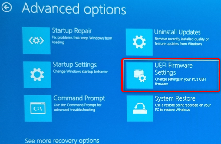 Кнопка UEFI Firmware Settings в меню Дополнительные параметры