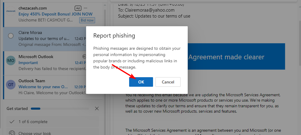 Диалог подтверждения удаления сообщения после отчёта в Outlook Web