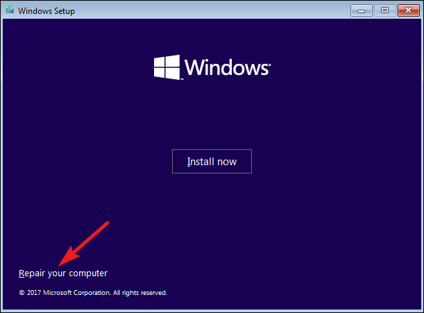 Опция восстановления в установщике Windows