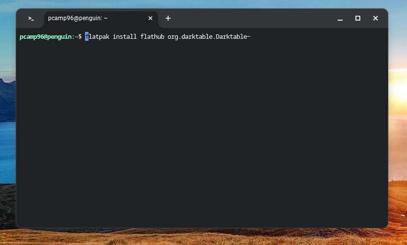 Le terminal Linux sur ChromeOS avec la commande pour installer darktable via flatpak.
