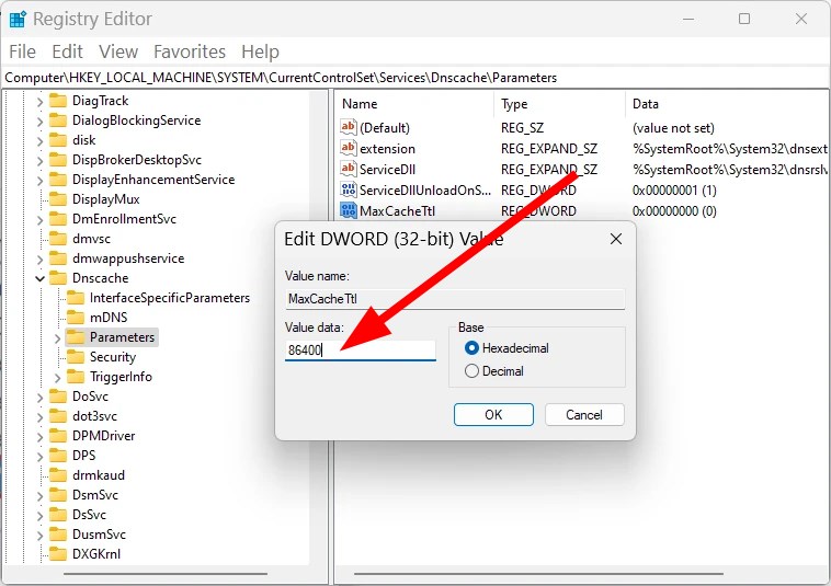 Поле Value data с введённым значением 86400