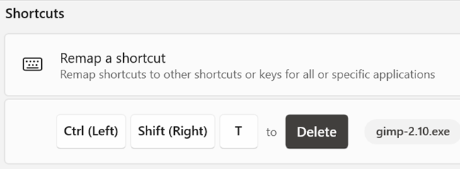 Пример переназначения: «Ctrl+Shift+T» назначен на «Delete» только в GIMP.