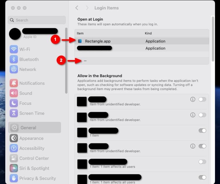 Системные настройки macOS Ventura, панель элементов входа