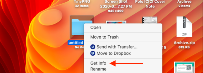 Выберите «Показать информацию» для папки на Mac