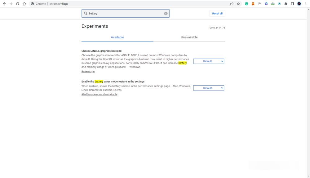 chrome flags battery search