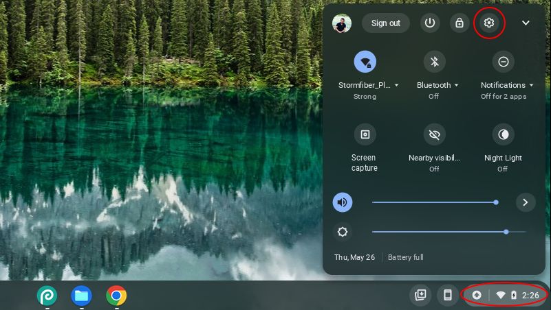 Открытие настроек через время в правом нижнем углу Chromebook