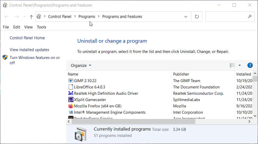 Applet Programas y características mostrando Microsoft Office