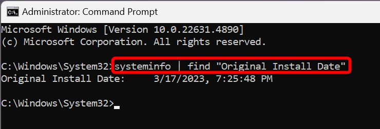 Команда systeminfo в Windows показывает дату первоначальной установки.