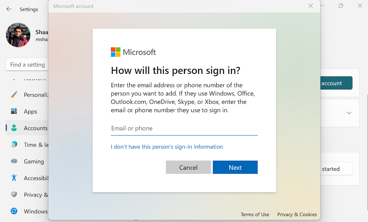 Запрос учётной записи Microsoft