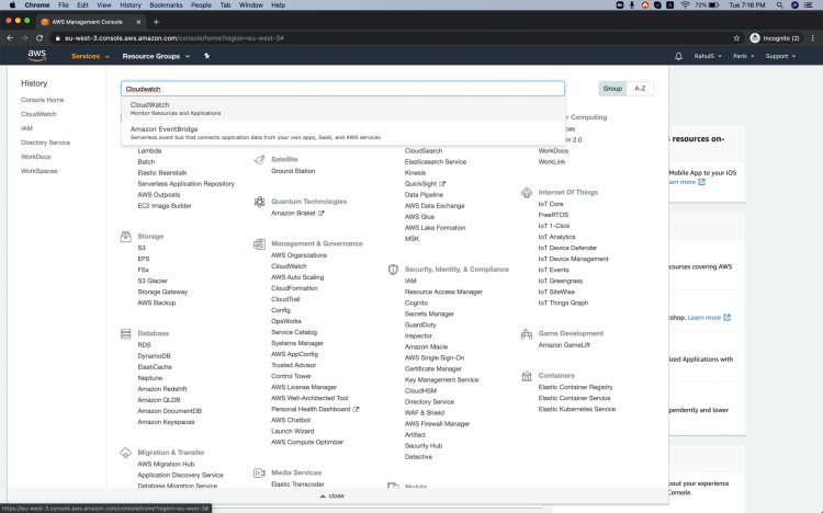 Результат поиска CloudWatch в консоли AWS