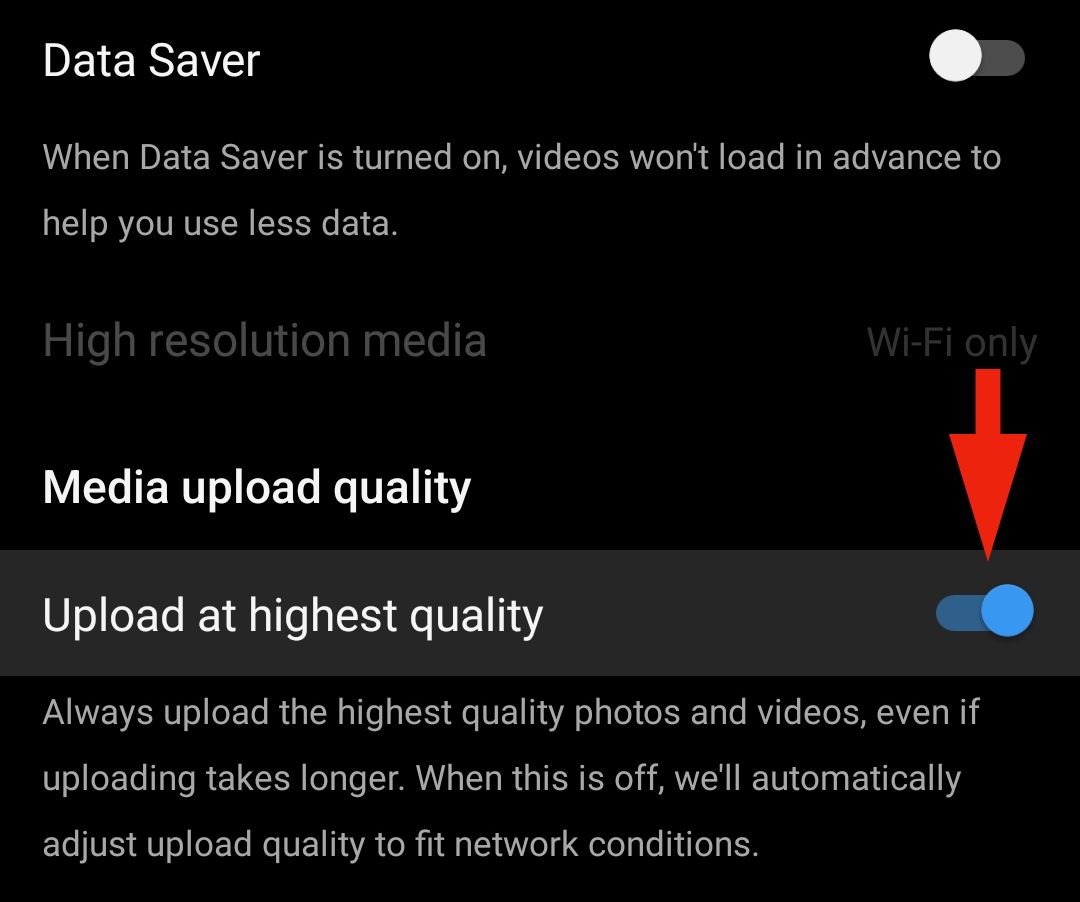 Опция «Загружать в наивысшем качестве» в настройках Instagram