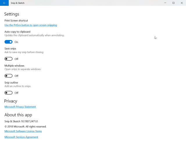 Изменение настроек в Snip & Sketch