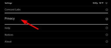 Экран настроек конфиденциальности в приложении Xfinity