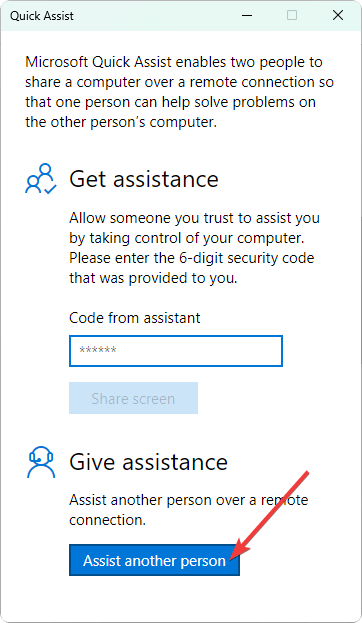 Нажмите Assist another person чтобы получить код в Quick Assist