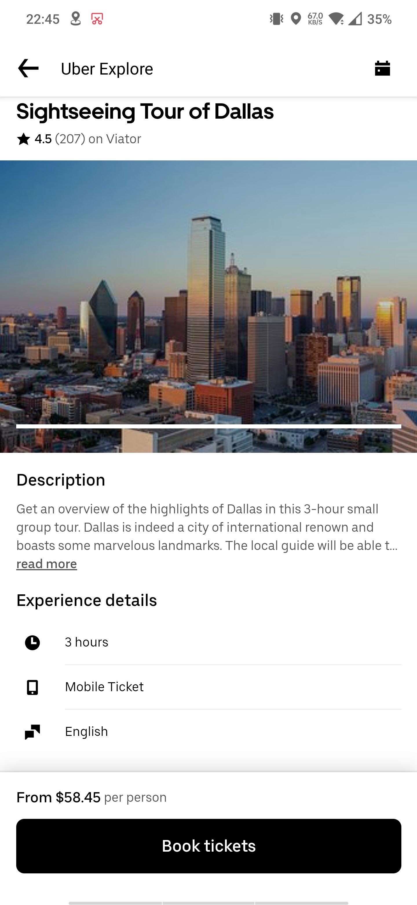 Страница билетов для экскурсии по Далласу в Uber Explore