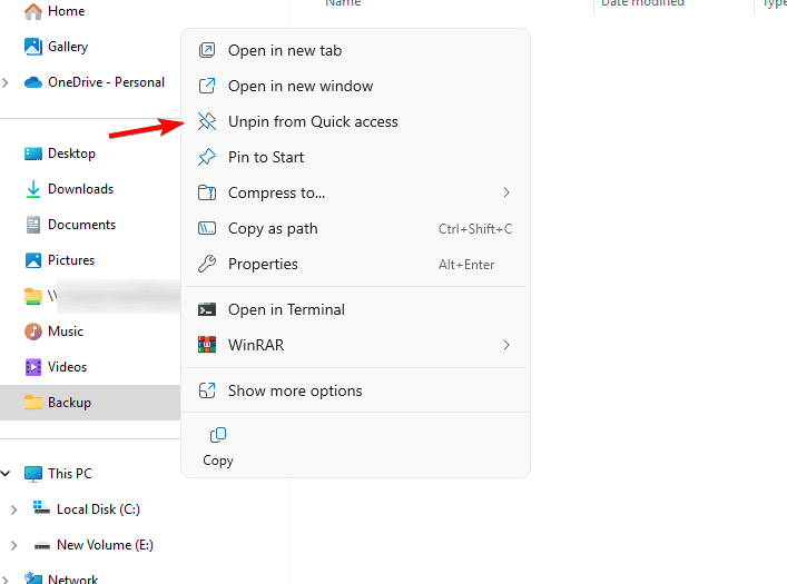 Открепление папки из Быстрого доступа