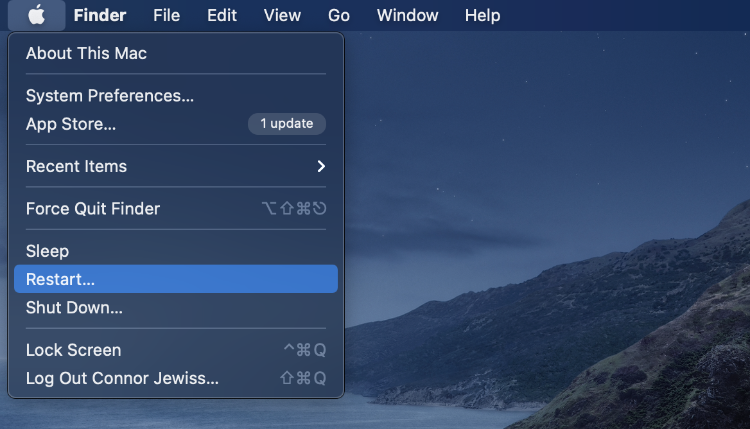 Опция Перезагрузить в меню Apple