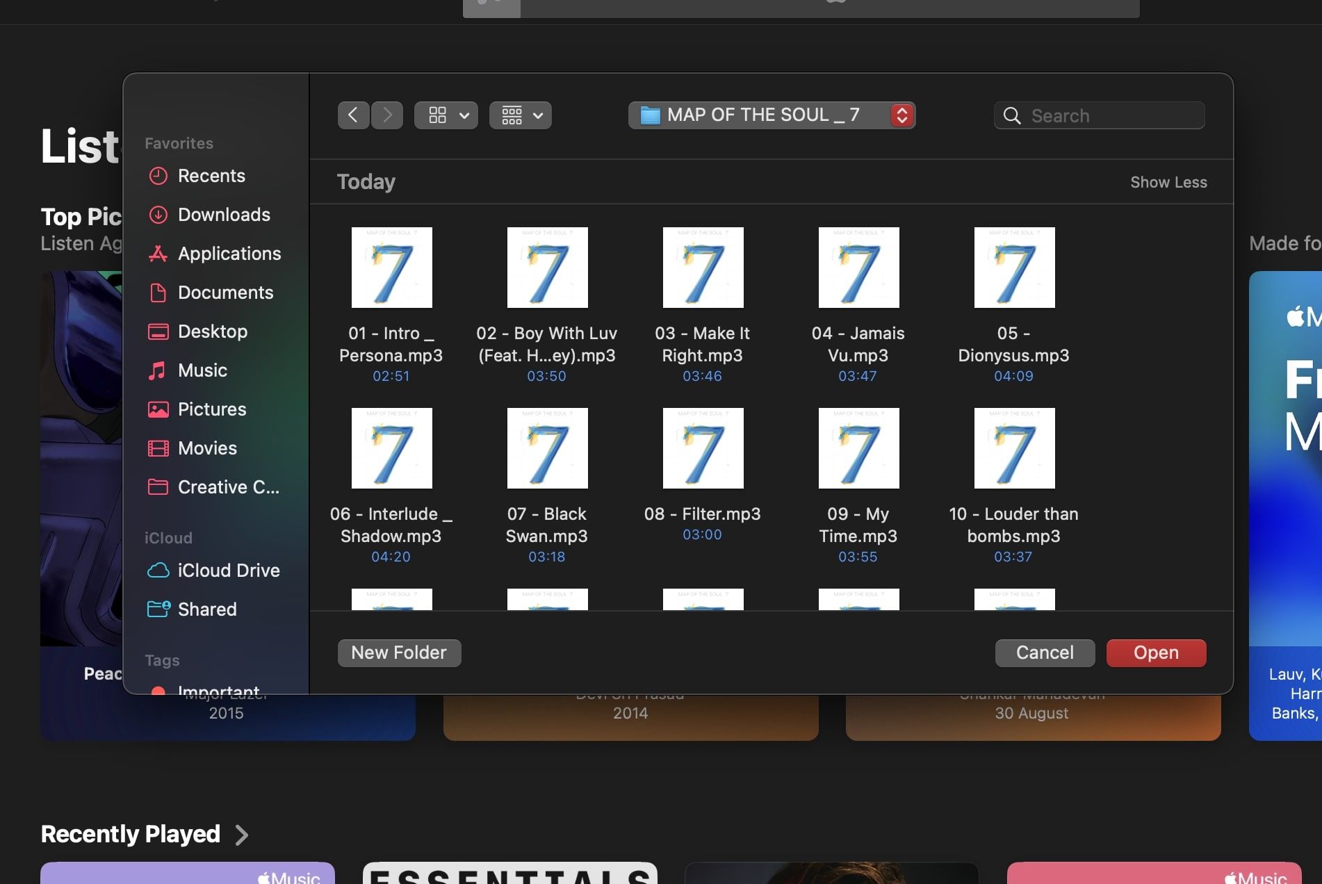 Найдите музыкальные файлы в Finder для приложения Музыка на macOS