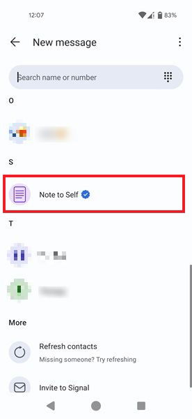 Выбор опции Note to Self в приложении Signal для Android.