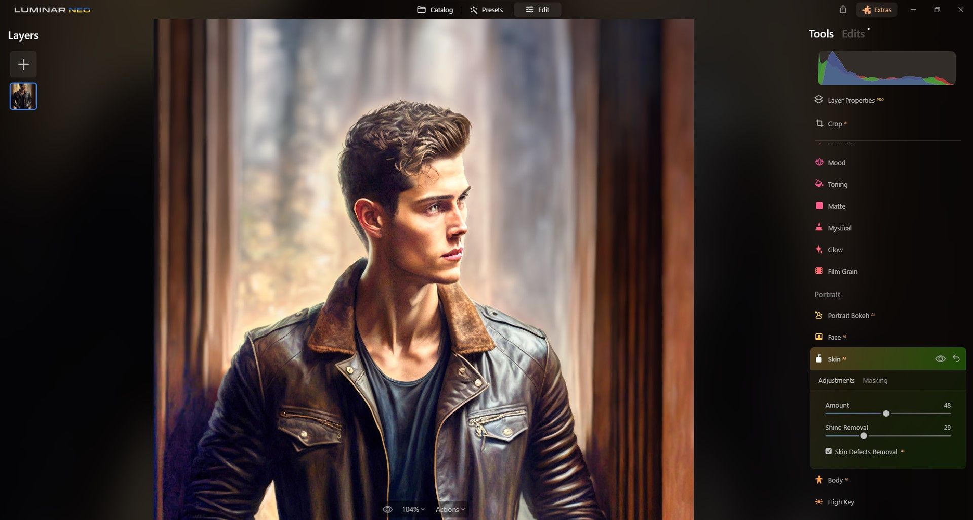 Панель Skin AI демонстрирует эффект Shine Removal