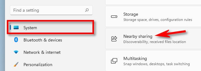 В Параметрах Windows 11 выберите Система, затем Nearby Sharing
