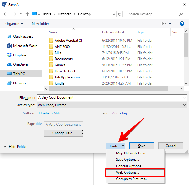Скриншот: кнопка Web Options в меню «Служебные программы»