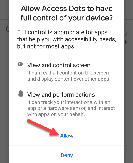 подтвердите разрешение для Access Dots