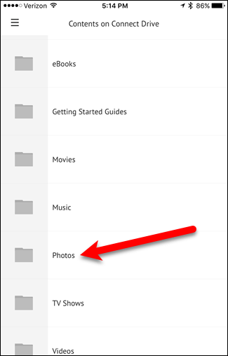 Открытие папки «Photos» в приложении SanDisk Connect