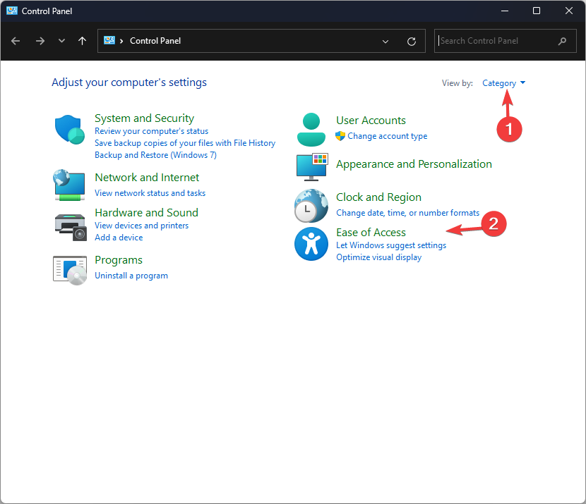 Специальные возможности в Панели управления