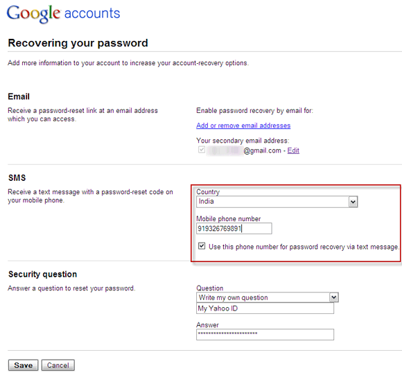 Форма опций восстановления аккаунта Google — SMS и резервный email
