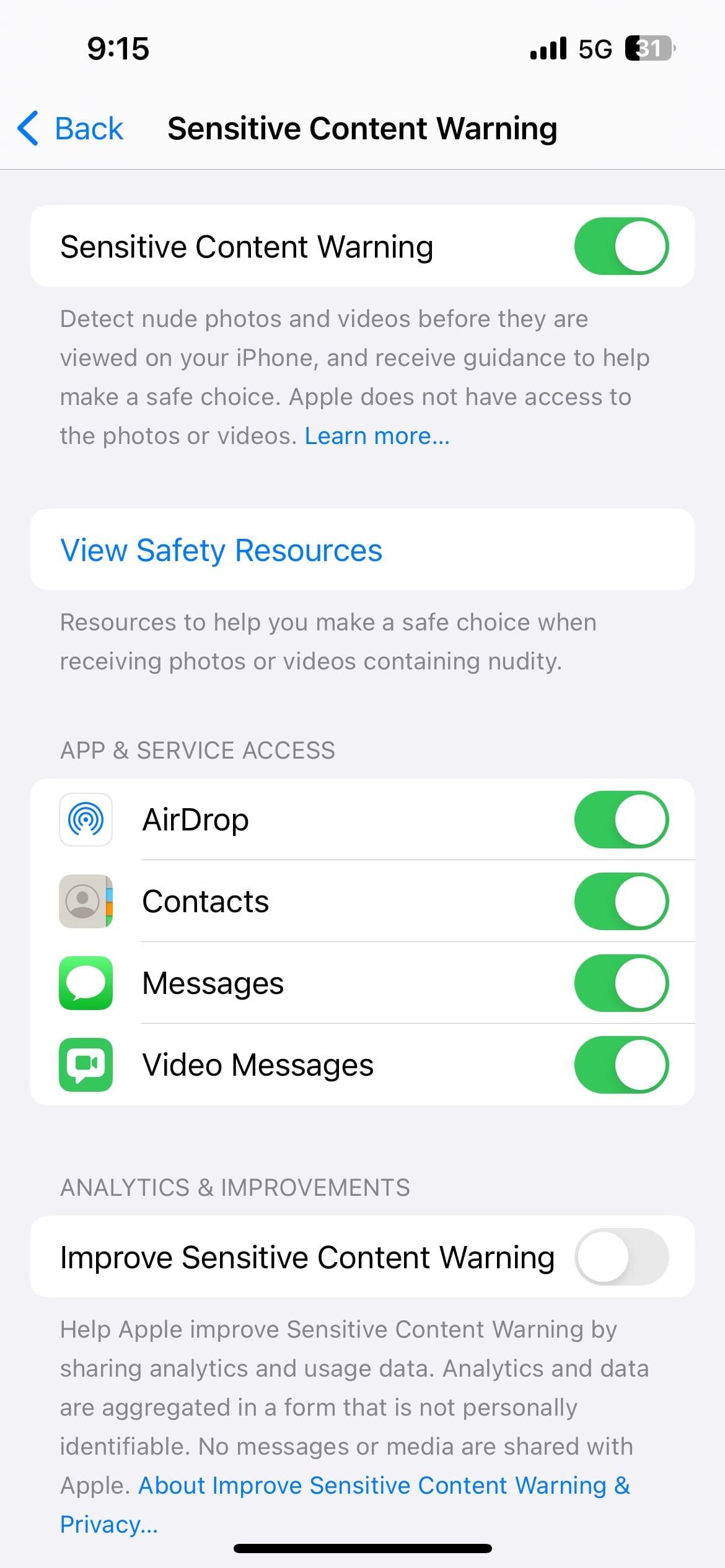 Переключатель Предупреждение о чувствительном содержимом в Настройках