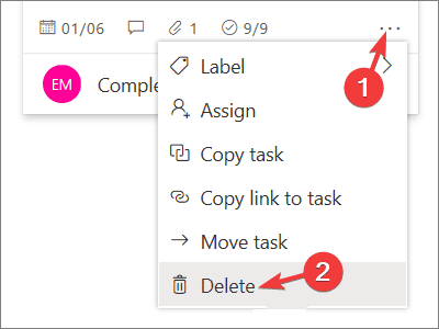 Удаление задачи — кнопки на карточке задачи